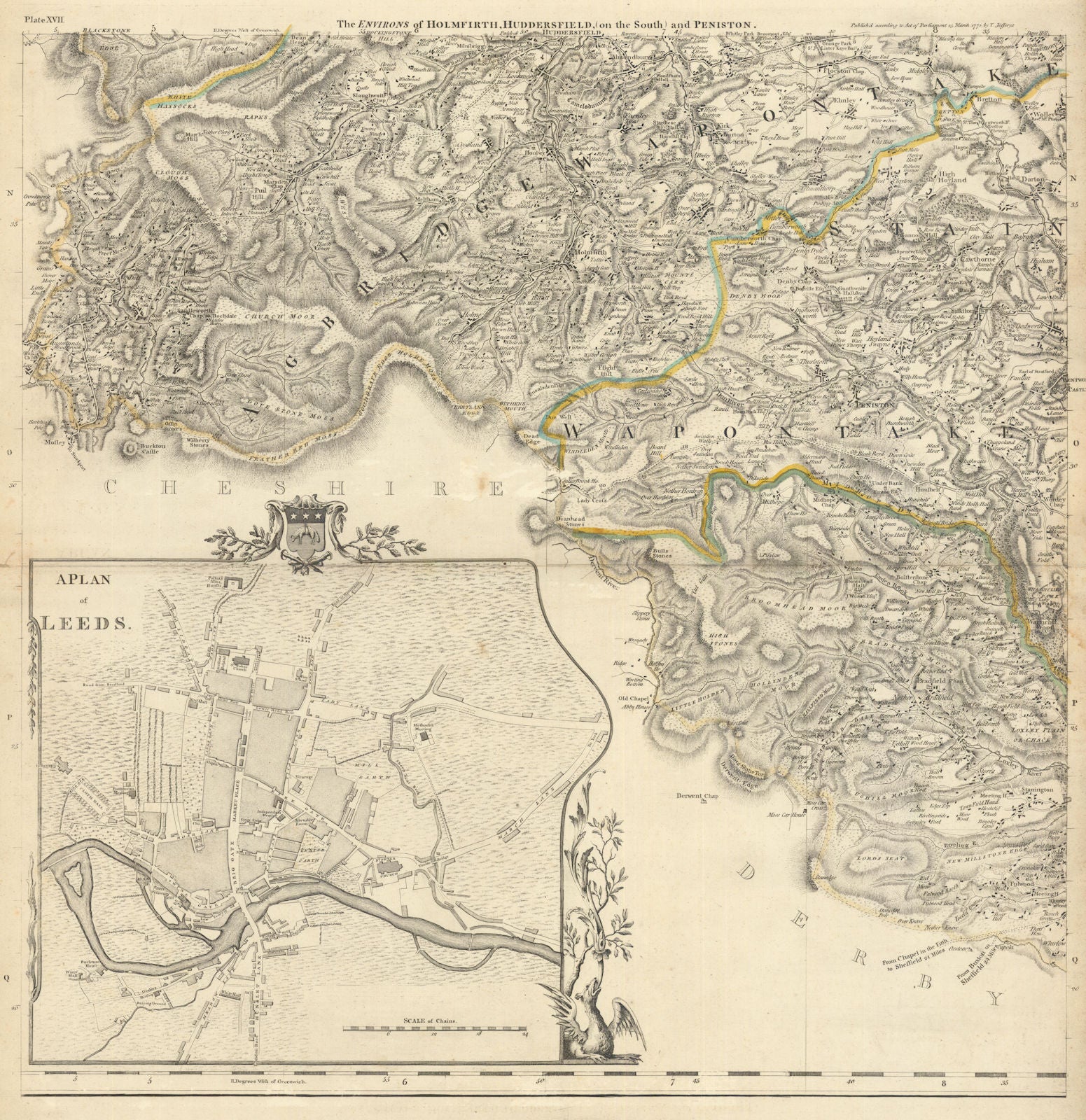 Leeds city plan & South Yorkshire. Holmfirth & Huddersfield. T Jefferys 1772 map